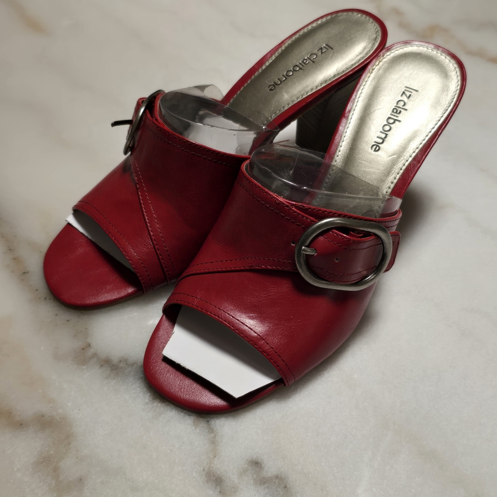 Liz Claiborne Red Leather Mules with Buckle